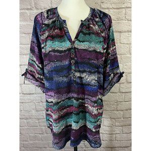 Yumi Kim Womens Large Top Half Button Front Roll Up Sleeve Colorful Shirt 9111‎